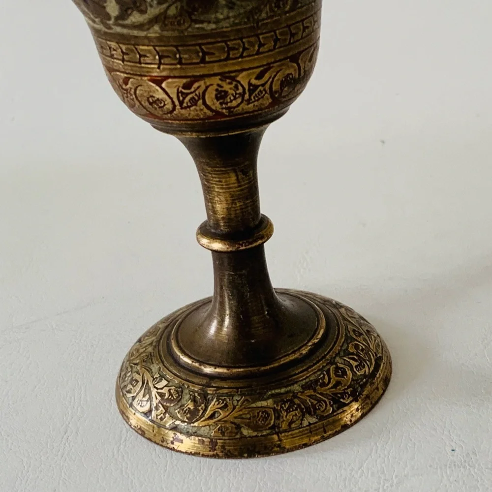 Vintage Indian Etched Florals Brass Fluted Vases Set Of 2 (7”)